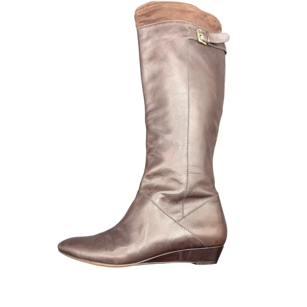 Via Spiga Brown Leather Knee High Boots Wedge Heel Women’s 9M